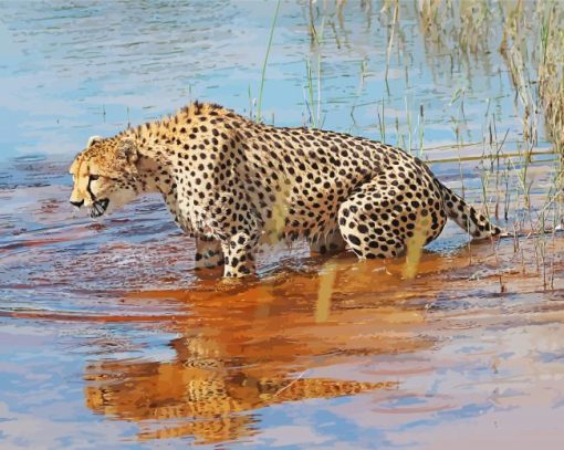 Cheetah In Water Diamond Painting