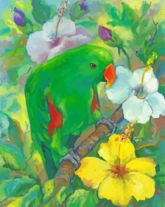 Green Eclectus Parrot And Flowers Diamond Painting