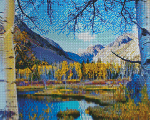 Mountains And Birch Trees Diamond Painting