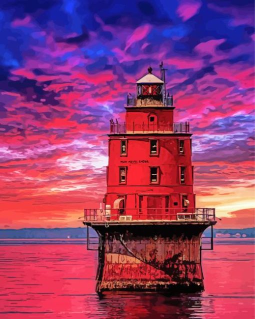 Sunset At Miah Maull Shoal New Jersey Lighthouse Diamond Painting