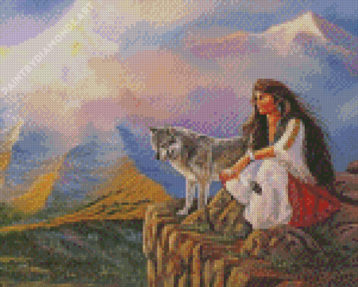 Indian Girl And Wolf Diamond Painting