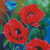 Red Poppies And Blue Bird Diamond Painting