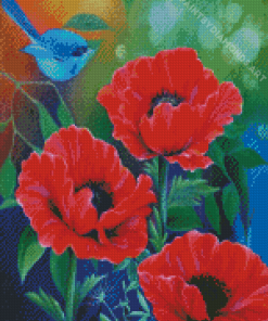 Red Poppies And Blue Bird Diamond Painting
