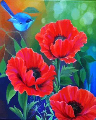 Red Poppies And Blue Bird Diamond Painting