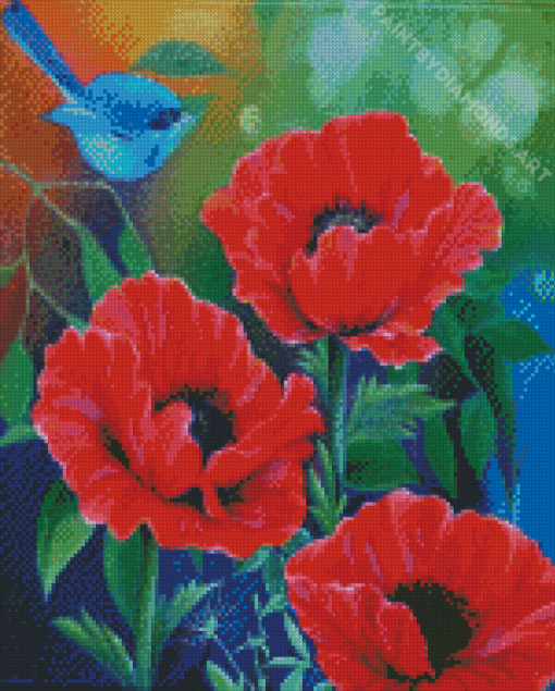 Red Poppies And Blue Bird Diamond Painting