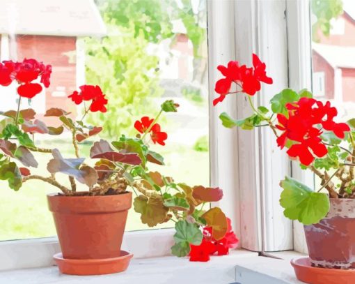 Red Flowering Window Plants Diamond Painting