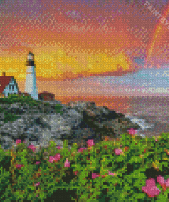 Wonderful Portland Lighthouse Sunset Diamond Painting