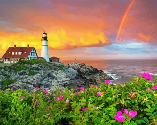 Wonderful Portland Lighthouse Sunset Diamond Painting