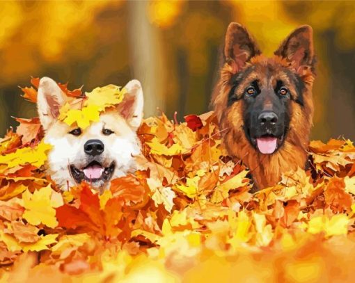 Dogs In Autumn Leaves Diamond Painting
