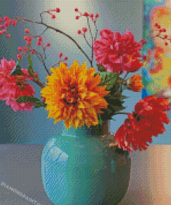 Flowers In Turquoise Vase Diamond Painting
