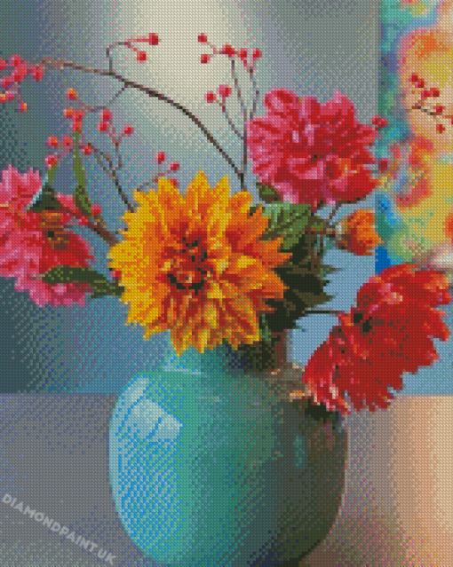 Flowers In Turquoise Vase Diamond Painting