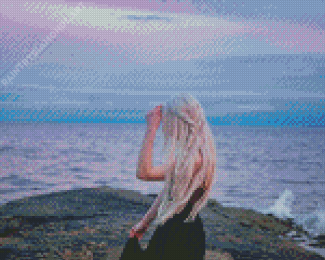 Aesthetic Blonde Long Hair Lady By The Sea Diamond Painting