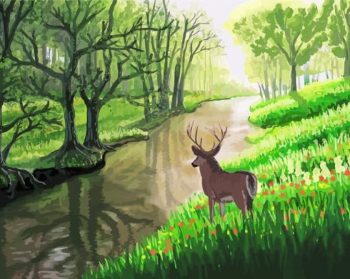 Animal Deer By The River Art Diamond Painting