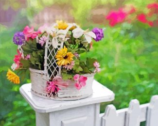 Basket Of Flowers On White Picket Fence Diamond Painting
