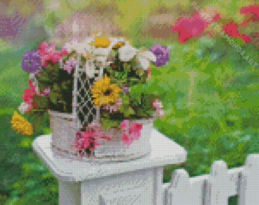 Basket Of Flowers On White Picket Fence Diamond Painting