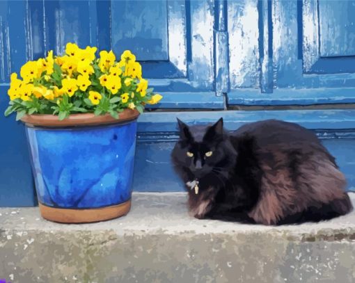 Black Cats And Flowers In Pot Diamond Painting