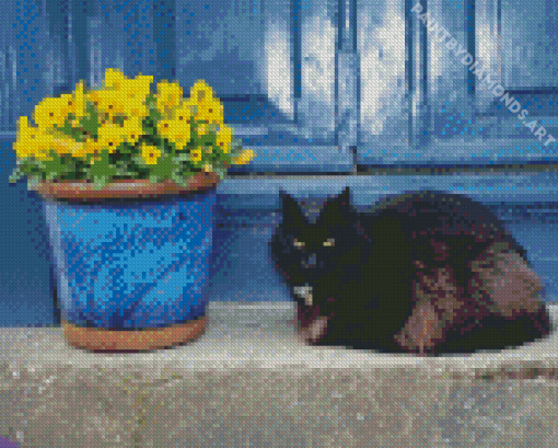 Black Cats And Flowers In Pot Diamond Painting