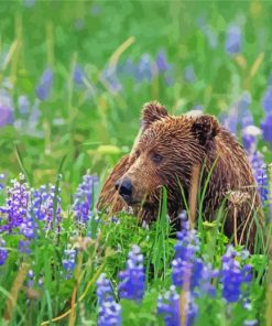 Brown Bear In Flowers Field Diamond Painting