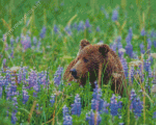 Brown Bear In Flowers Field Diamond Painting