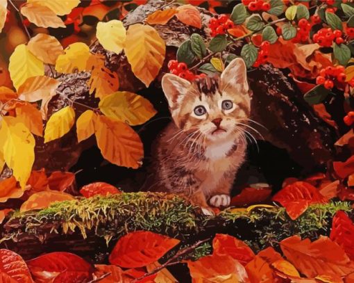 Cat In Autumn Leaves Diamond Painting