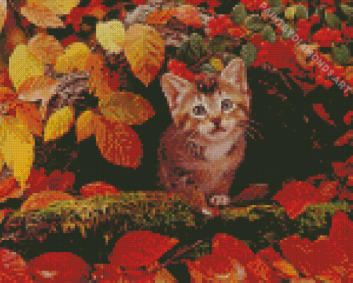 Cat In Autumn Leaves Diamond Painting