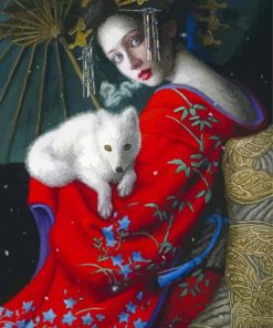 Chie Yoshii Woman With White Fox Baby Diamond Painting
