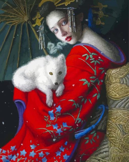 Chie Yoshii Woman With White Fox Baby Diamond Painting