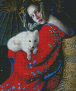 Chie Yoshii Woman With White Fox Baby Diamond Painting