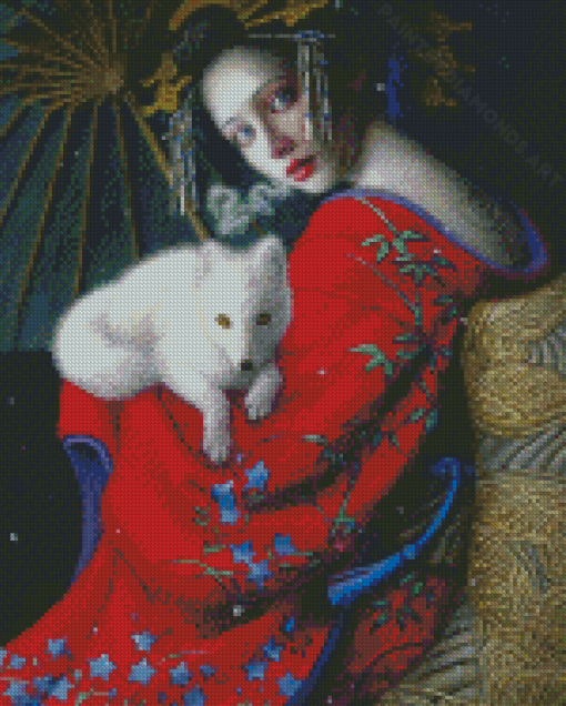 Chie Yoshii Woman With White Fox Baby Diamond Painting