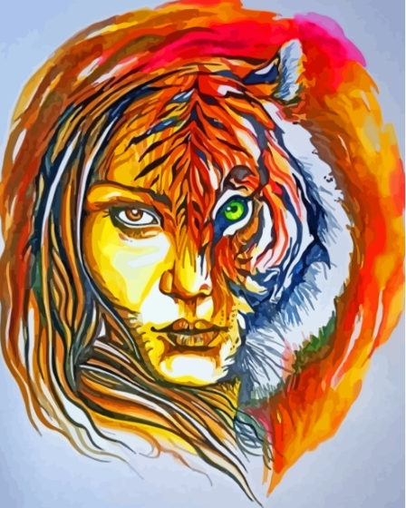 Colorful Half Woman Half Tiger Diamond Painting
