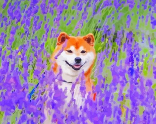 Shiba In Purple Flowers Field Diamond Painting