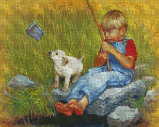 Boy And Labrador Retriever Fishing Art Diamond Painting