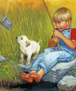 Boy And Labrador Retriever Fishing Art Diamond Painting