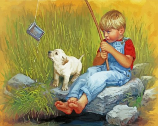 Boy And Labrador Retriever Fishing Art Diamond Painting