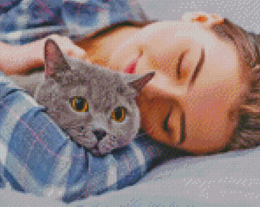 Girl Sleeping With Grey Pet Cat Diamond Painting