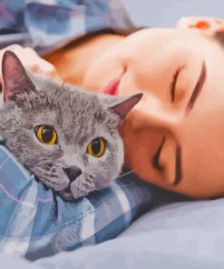 Girl Sleeping With Grey Pet Cat Diamond Painting