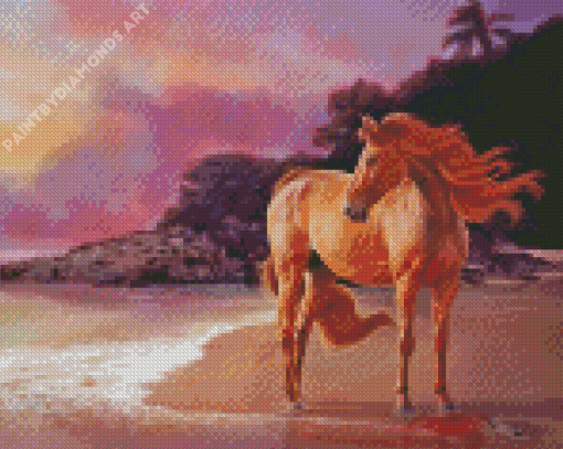 Golden Horse On Beach Diamond Painting