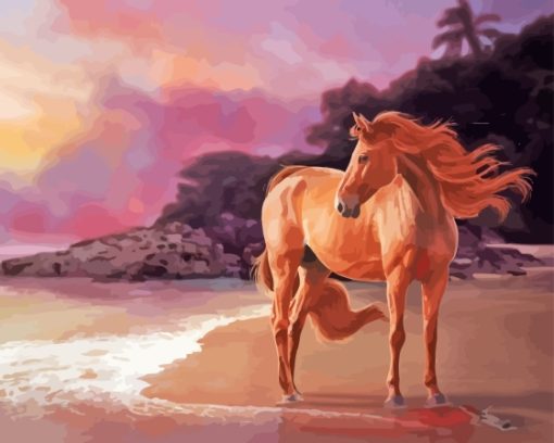 Golden Horse On Beach Diamond Painting