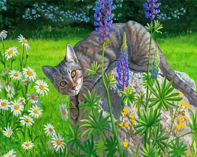 Tabby Grey Cat In Garden Diamond Painting