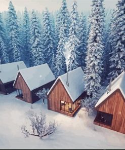 The Snowfall Forest Cabins Diamond Painting