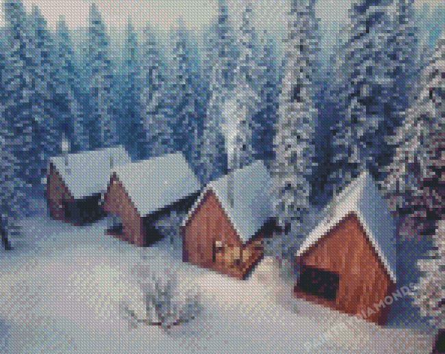 The Snowfall Forest Cabins Diamond Painting
