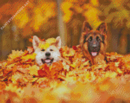 Dogs In Leaves Diamond Painting