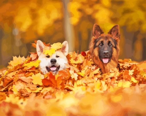 Dogs In Leaves Diamond Painting