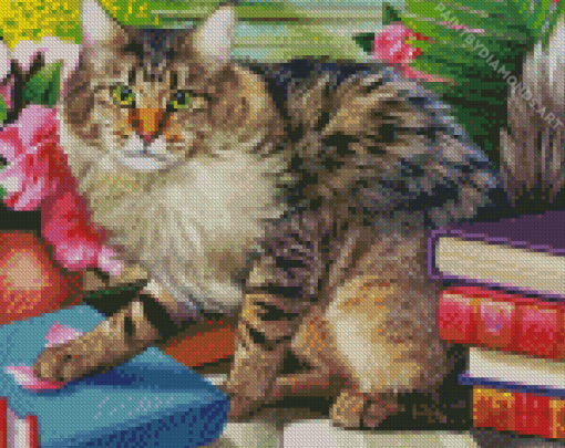 Cat With Book Diamond Painting