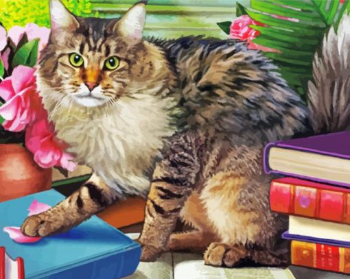 Cat With Book Diamond Painting