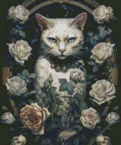White Roses and Cat Diamond Painting