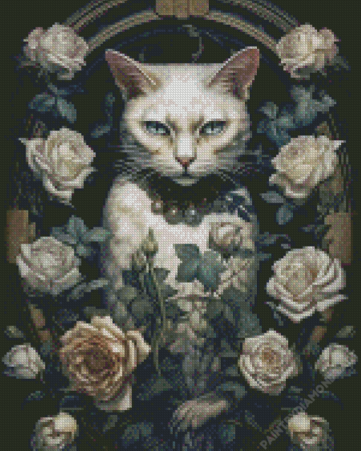 White Roses and Cat Diamond Painting