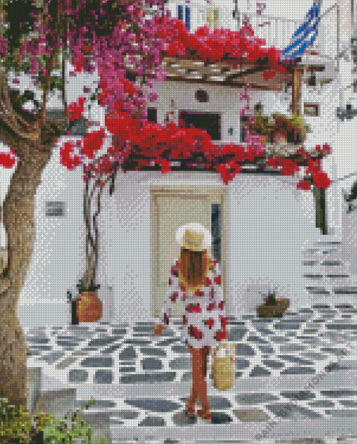 Blonde Girl In Santorini Greece Diamond Painting