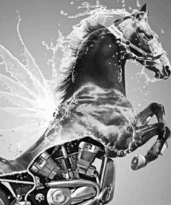 Black and White Horse and Motorcycle Diamond Painting