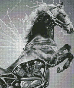 Black and White Horse and Motorcycle Diamond Painting